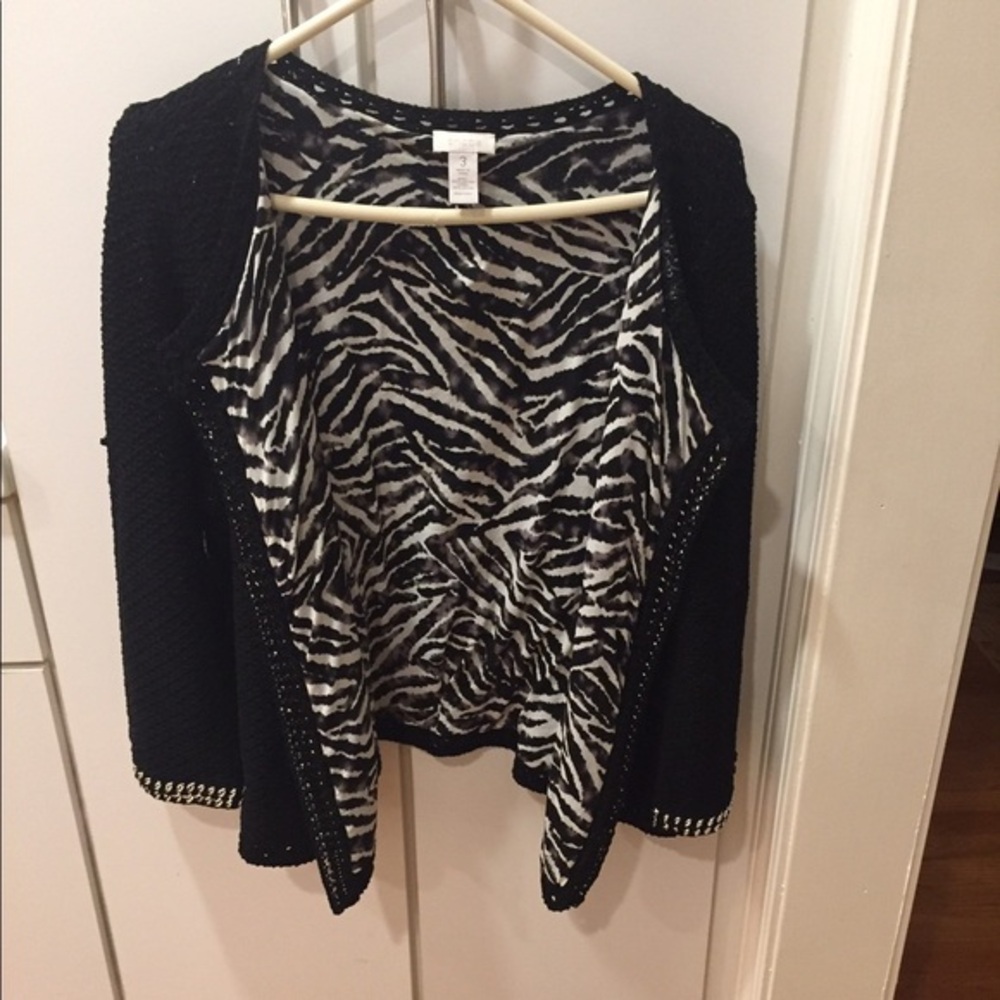CHICO’S Knit Cardigan Sweater Metal Trim & Zebra Print   - 16 Black & white